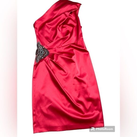 ELIZA J Red Satin One Shoulder Beaded Cocktail Dress - Picture 3 of 13